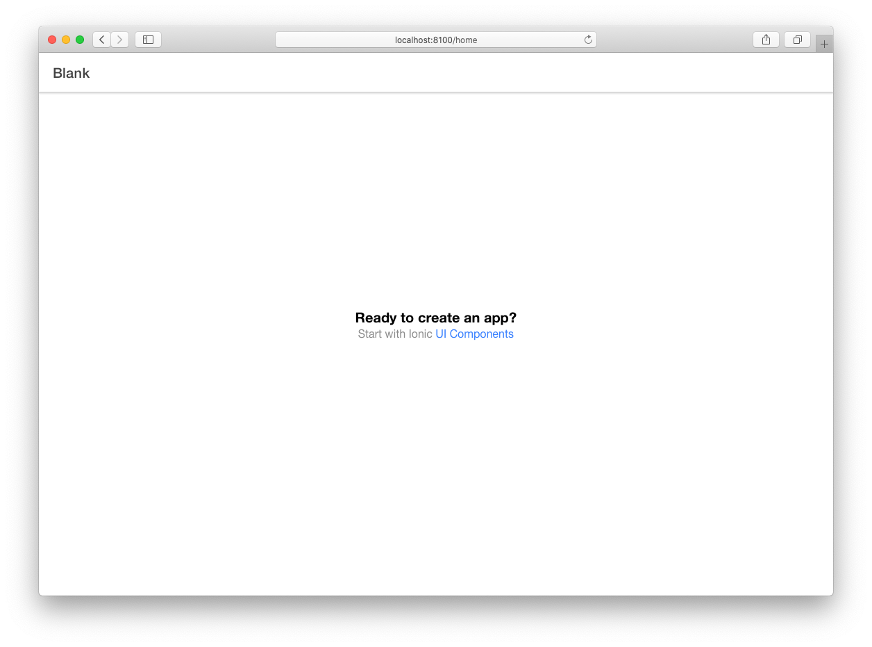 A web browser displaying the Ionic Vue home route with a header titled &#39;Blank&#39; and a message &#39;Ready to create an app? Start with Ionic UI Components&#39;.